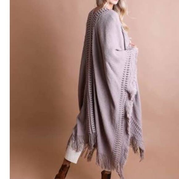 Lilac Grey Open Work Frayed Border Bohemian Ruana Shawl Wrap - Picture 3 of 4